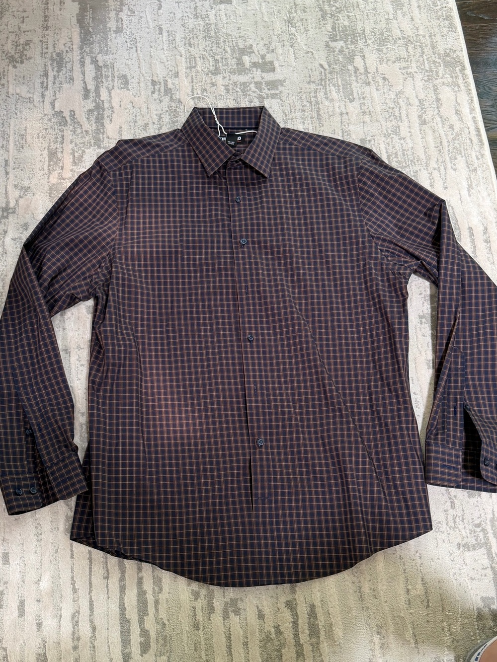 New Kirkland Signature Men's Navy and Brown Checked Dress Shirt